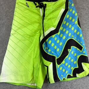 Fox Head Board Shorts Mens Size 28 Green Blue Beach Surfing Swimwear Trunks